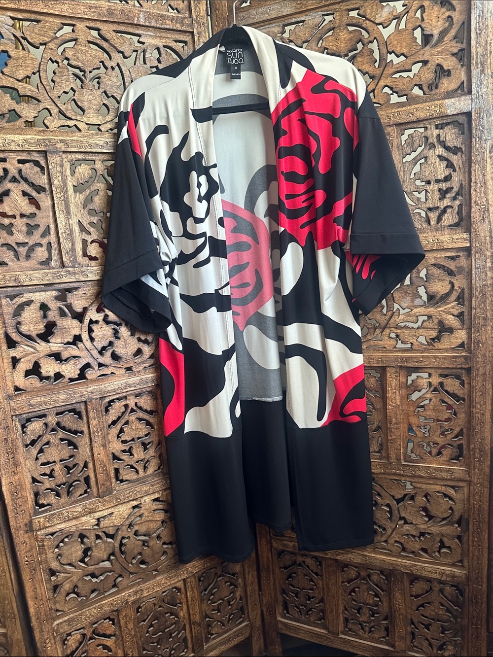 Clara Sun Woo Black, White & Red Floral Open-Front Kimono